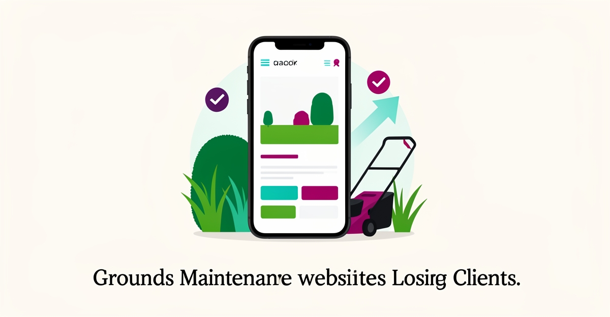 Flat illustration of a smartphone showing a landscaping website surrounded by lawn care icons in teal and magenta, with headline Losing Clients.