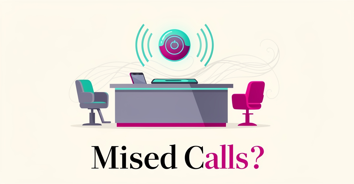 Flat illustration of a hair studio reception with an AI voice assistant orb answering calls, teal and magenta accents, headline reading Missed Calls.