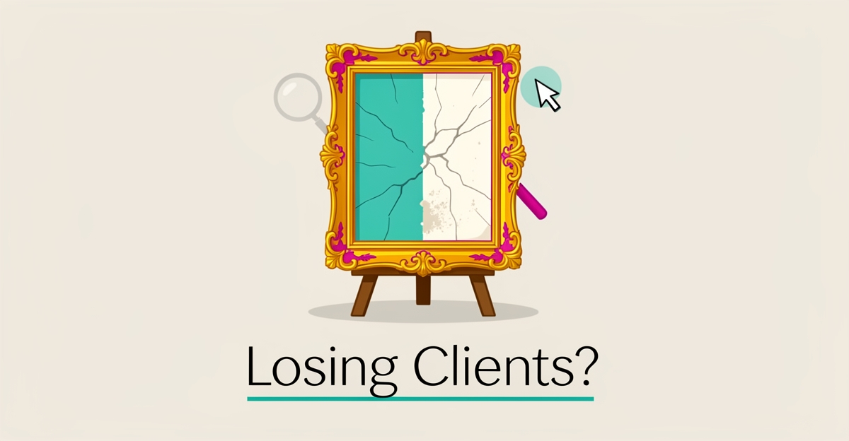 Flat illustration of a half-restored ornate painting frame with digital inspection icons, accented in teal and magenta, with headline 'Losing Clients?'