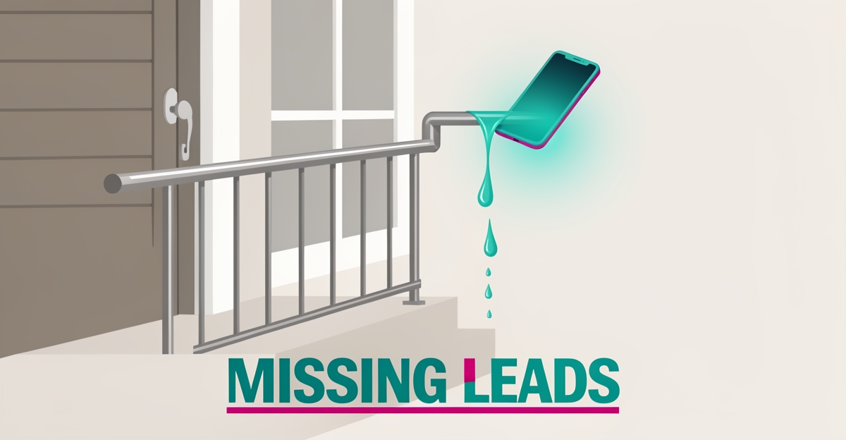 Flat illustration of a house handrail with glowing teal drips and a smartphone, symbolizing a website losing local homeowner leads.