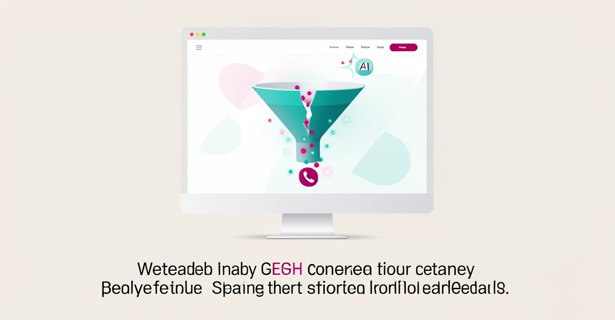 Flat illustration of a website funnel leaking glowing lead dots, with AI catching them, accented in teal and magenta.