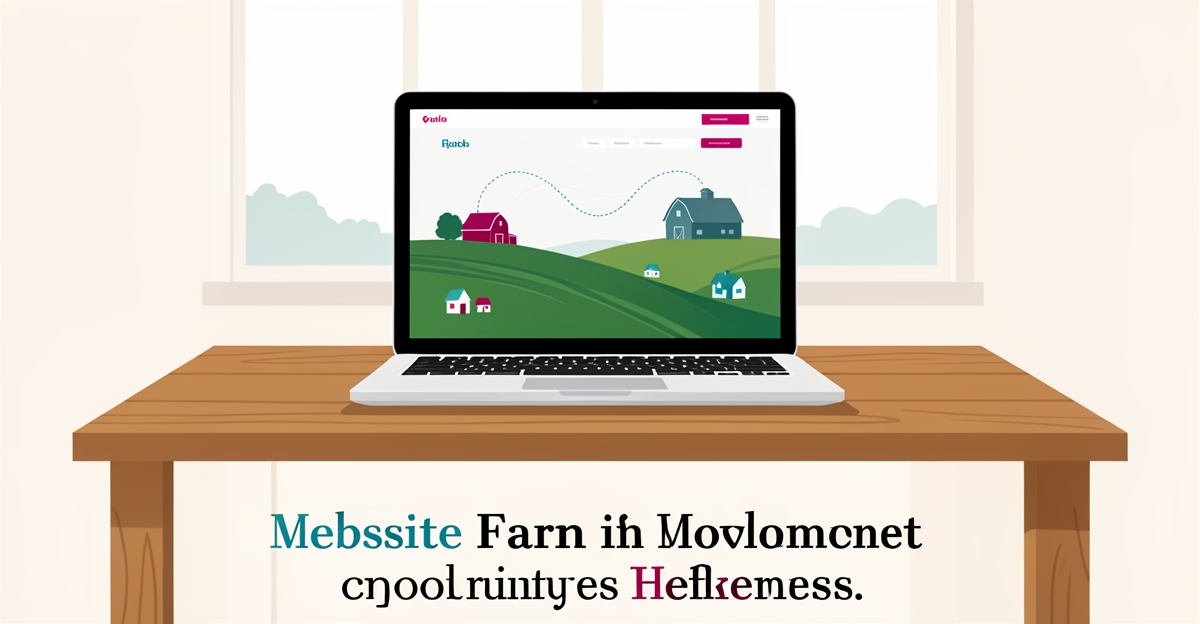 Flat illustration of a laptop showing a website wireframe on a farm desk with rural barn landscape and community connection lines in teal and magenta accents.