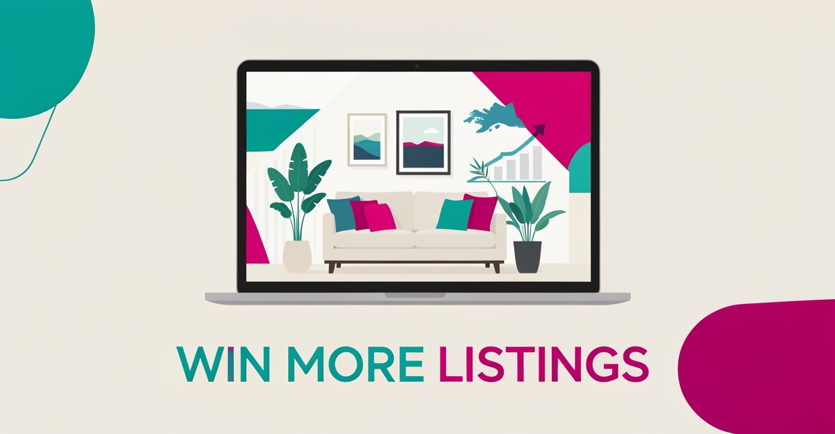 Flat illustration of a staged living room on a laptop screen with teal and magenta accents, symbolizing a home staging website that converts Nova Scotia clients.