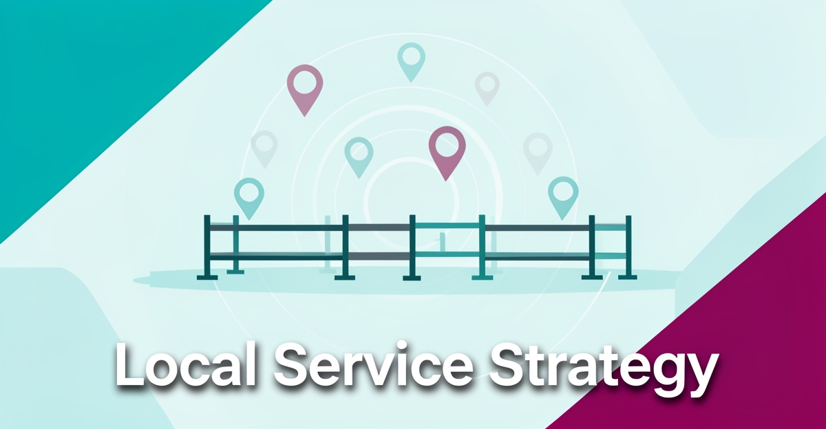 Flat illustration of a horse training facility with location rings and map pins representing local service area strategy, using brand colors #2aabb6 and #d946ef.