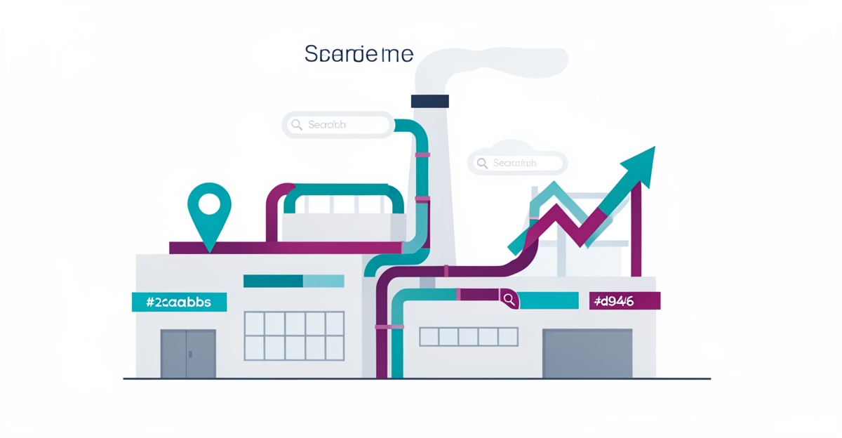 Modern flat illustration of an industrial facility with SEO-themed accents like location pins and search bars, highlighting local SEO improvements for industrial coatings businesses.