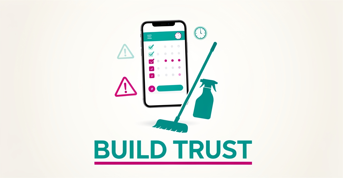 Flat illustration of a smartphone with a real-time booking calendar beside janitorial tools, highlighting trust signals with teal and magenta accents.