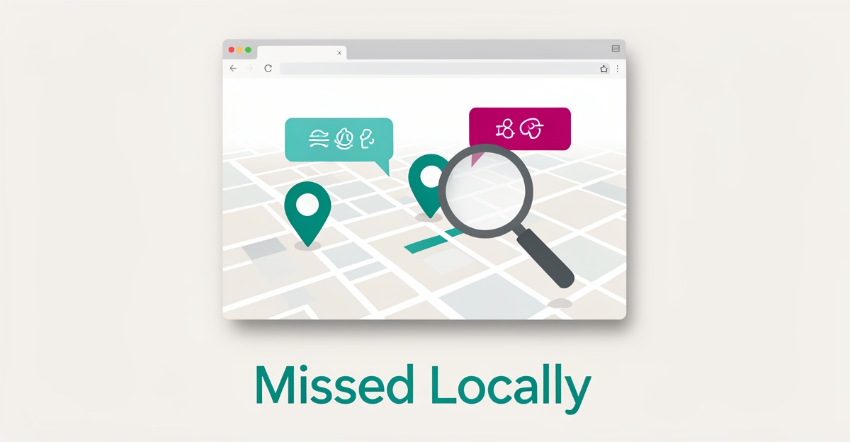 Flat illustration of a language school website over a neighborhood map with location pins, symbolizing missed local student visibility.