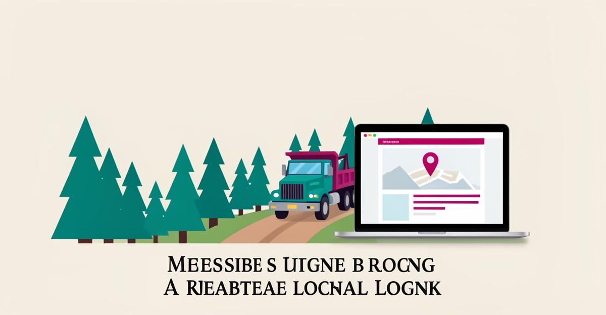Flat illustration of a logging truck, pine forest, and laptop with a map pin, symbolizing online trust signals for rural logging businesses.