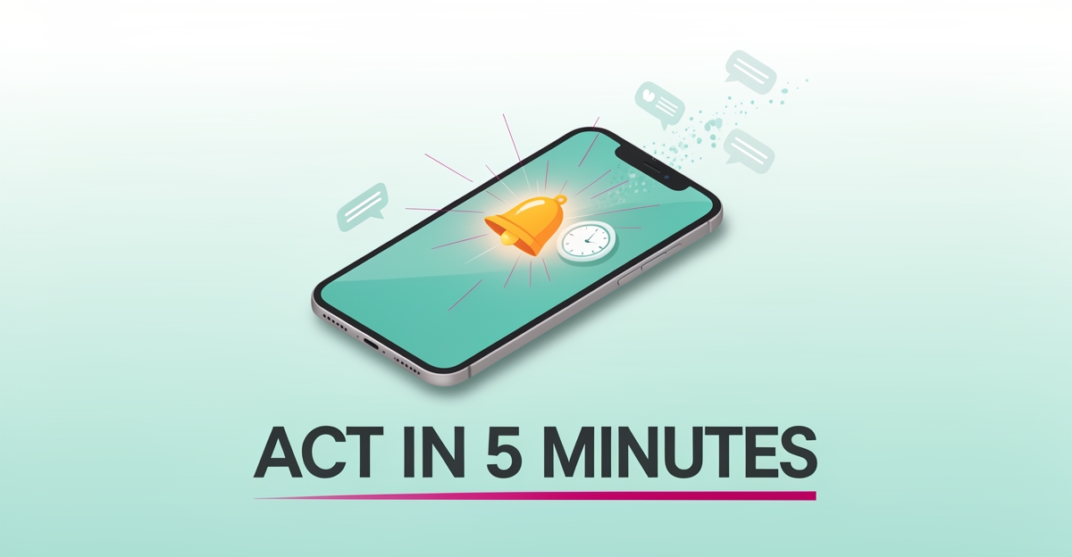 Flat illustration of a smartphone with a glowing notification and dissolving message bubbles, symbolizing lost leads from slow follow-up.