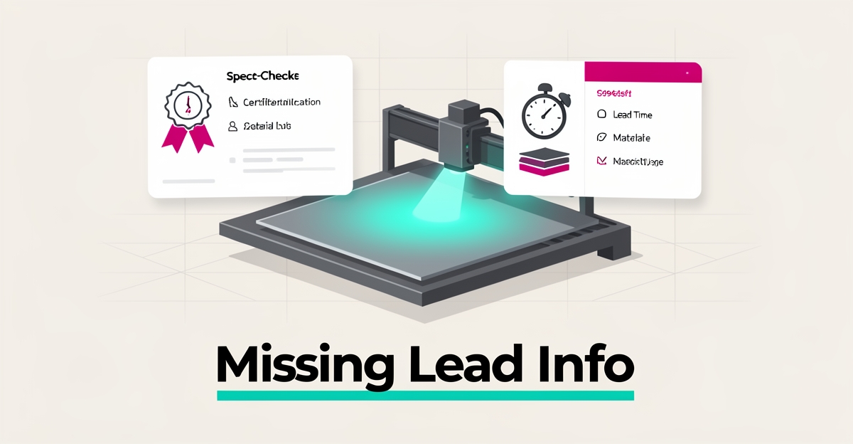 Flat illustration of a laser cutting machine shaping steel with floating spec checklist icons and the headline Missing Lead Info.