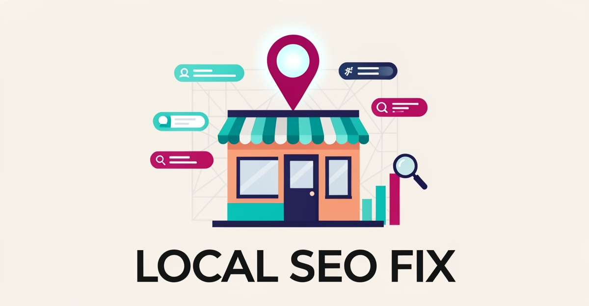 Flat illustration of a Mexican restaurant storefront with a glowing location pin and search icons, accented in teal and magenta.