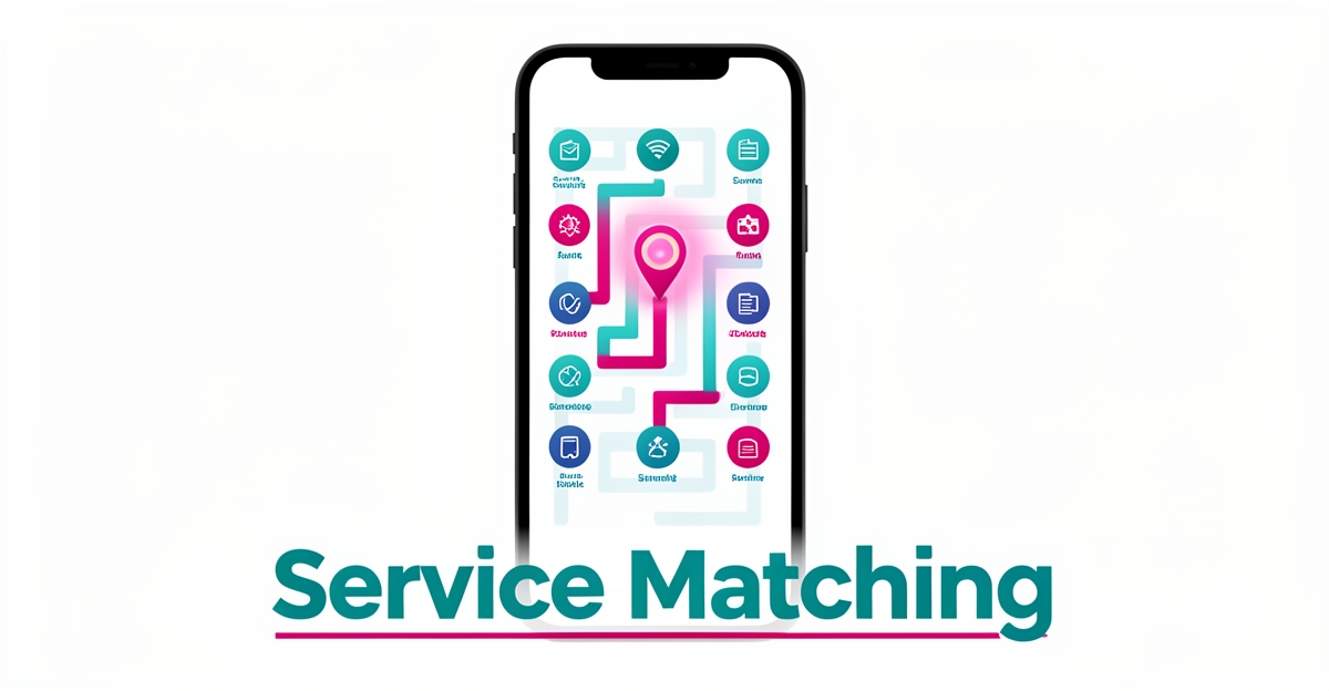 Flat illustration of a smartphone showing a highlighted wayfinding path through abstract service icons, symbolizing app service matching fixes.