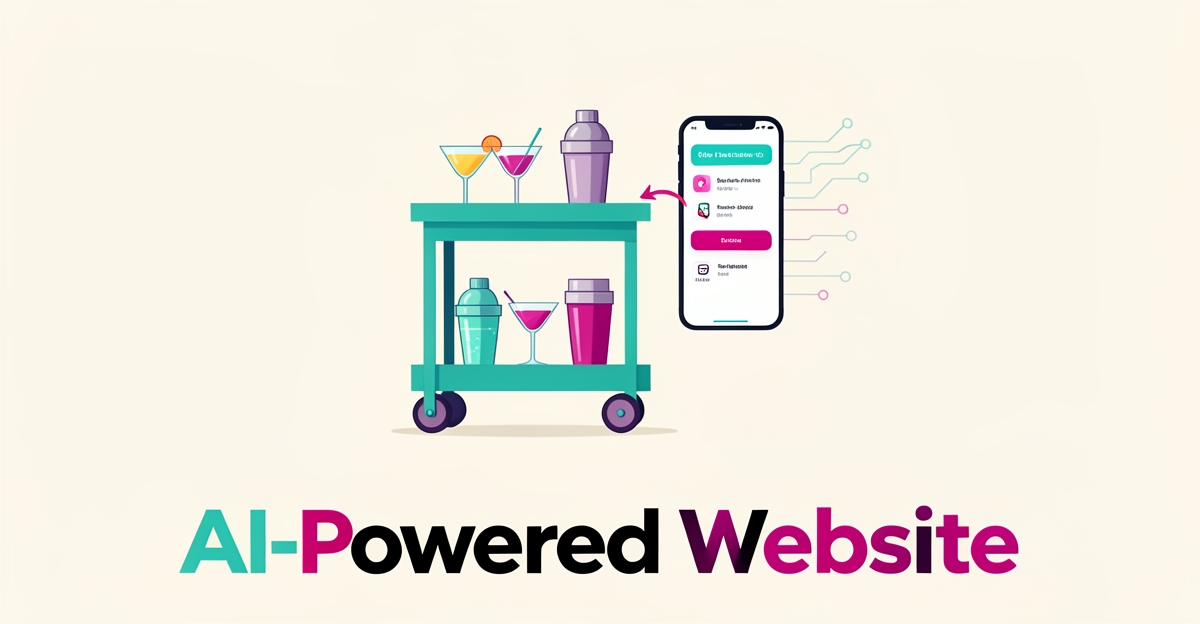 Flat illustration of a mobile bar cart with cocktails and a smartphone displaying AI booking notifications in teal and magenta accents.