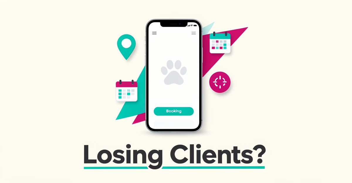 Flat illustration of a smartphone showing a vet clinic website with map pin, calendar, and loading icons in teal and magenta accents.