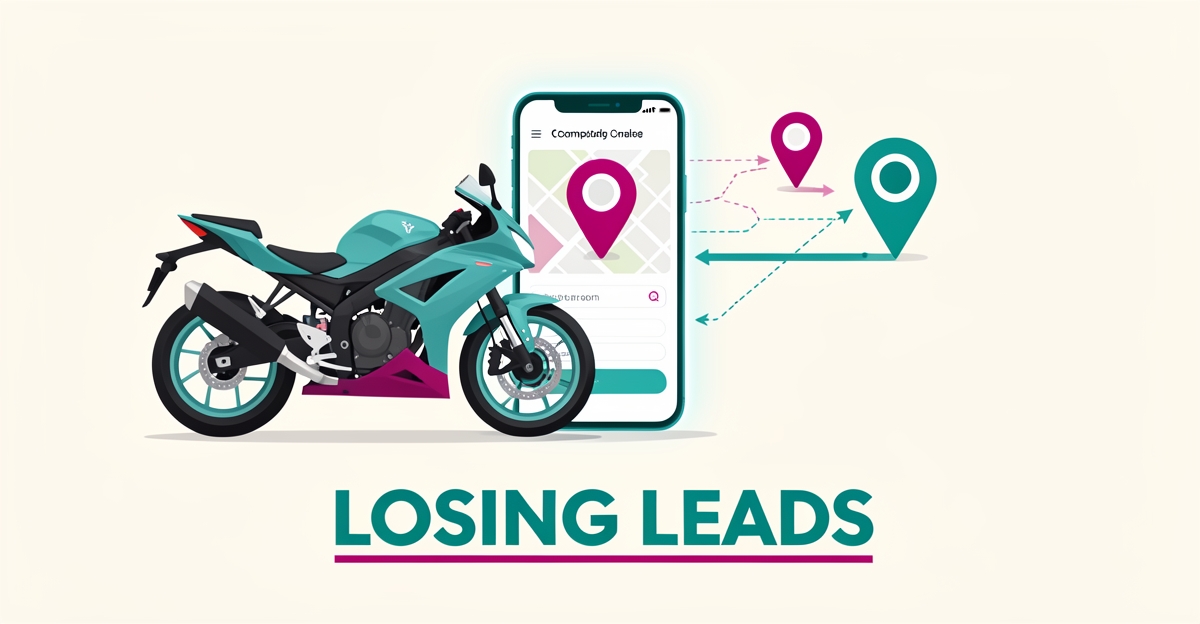 Flat illustration of a motorcycle beside a smartphone with a local search map, leads flowing to a competitor pin, headline 'Losing Leads'.
