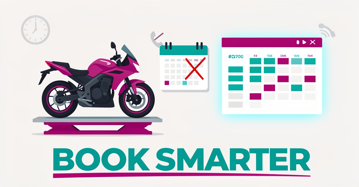 Flat illustration of a motorcycle in a service bay with a digital booking calendar replacing a paper schedule, headlined Book Smarter.