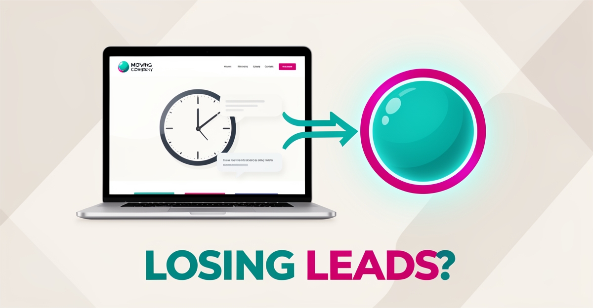 Flat illustration of a slow moving-company website losing leads to a glowing AI chatbot, with headline 'LOSING LEADS?'