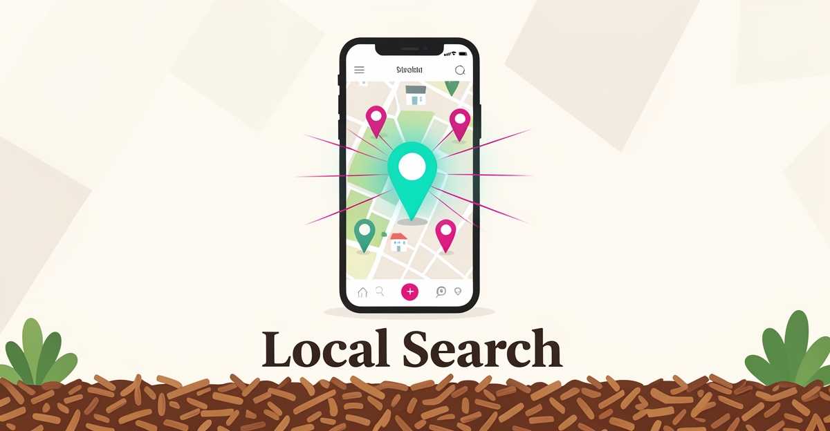 Flat illustration of a smartphone map with location pins symbolizing local search visibility for a mulching business.