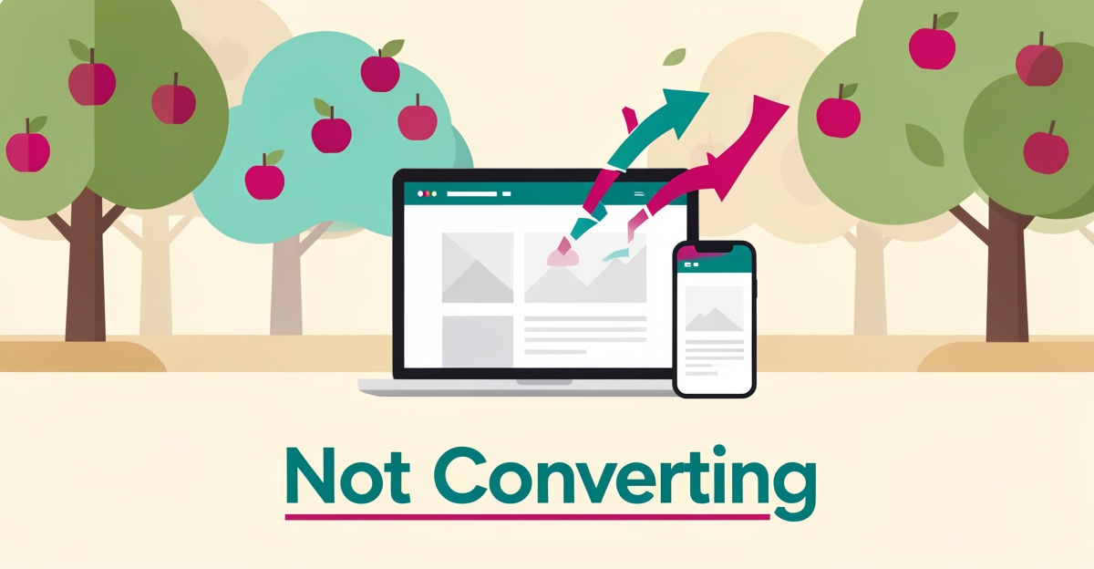 Flat illustration of an orchard with a laptop and phone showing a leaking conversion funnel, accented in teal and magenta, with headline 'Not Converting'.