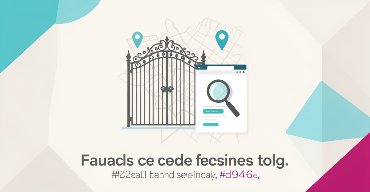 Flat illustration of ornamental iron gate with map pins and search icon highlighting local SEO gaps for ironwork websites.