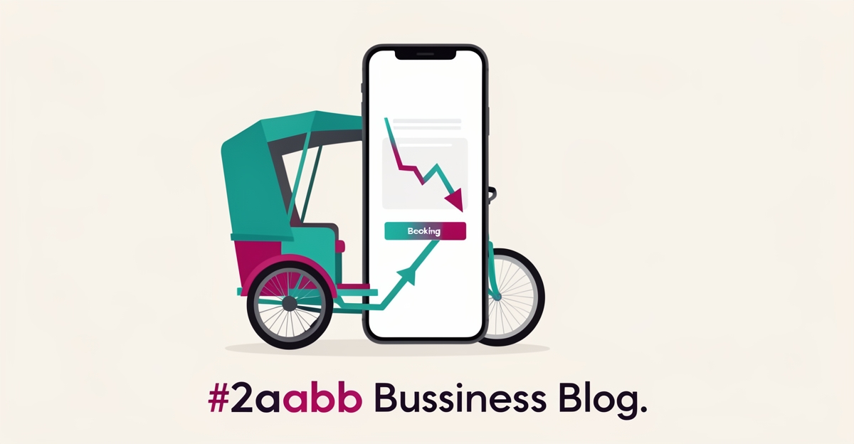 Flat illustration of a pedicab next to a smartphone showing a booking website with rising conversion arrow in teal and magenta.