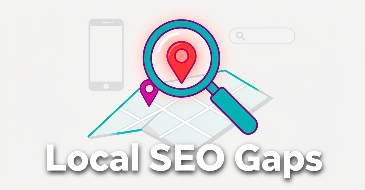 A minimalist flat illustration showing a magnifying glass over a map with one glowing red pin, symbolizing local SEO issues in pest control websites, with brand-colored accents and a headline in the lower third.