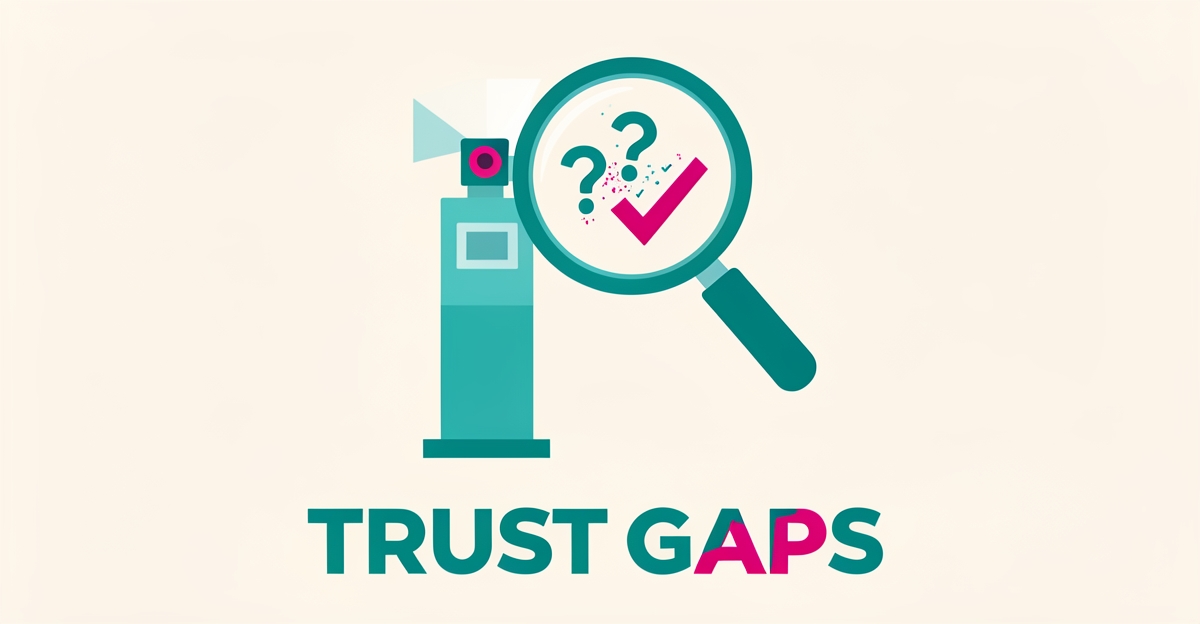 Flat illustration of a photo booth kiosk under a magnifying glass revealing trust gaps, accented in teal and magenta with the headline Trust Gaps.