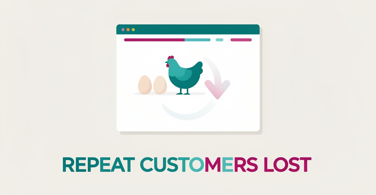 Flat illustration of a poultry farm website with a declining repeat-customer trend in teal and magenta accent colors.
