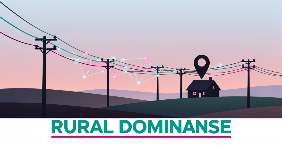 Flat illustration of rural power lines with a glowing digital network overlay and map pin, headlined Rural Dominance.