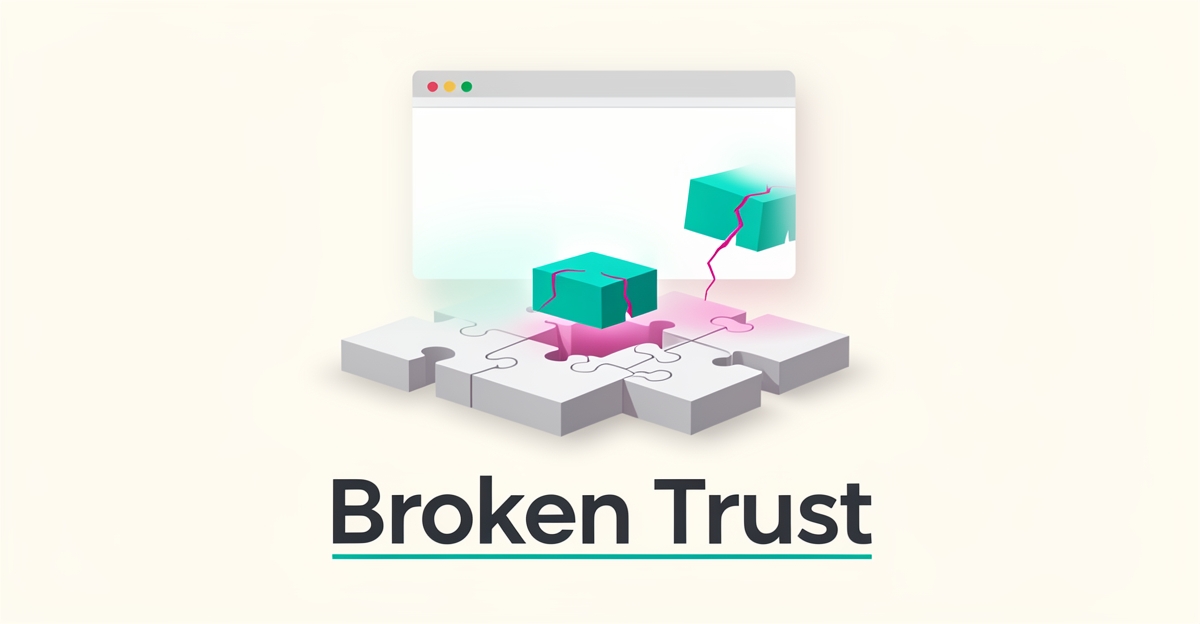 Flat illustration of a website window on cracked foundation blocks in teal and magenta with the headline Broken Trust.