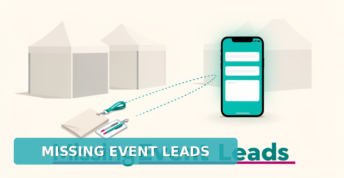 Flat illustration of an expo booth with promo items and a phone lead form, headline reading Missing Event Leads.