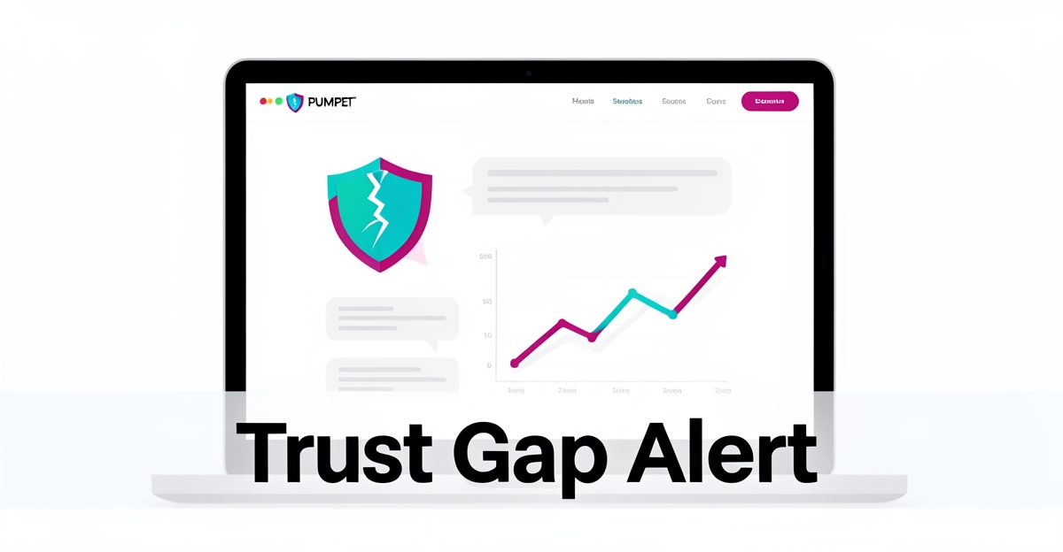 A modern flat illustration of a pump business website showing trust issues with warning icons and declining graphics, featuring brand colors and the headline 'Trust Gap Alert' in the lower third