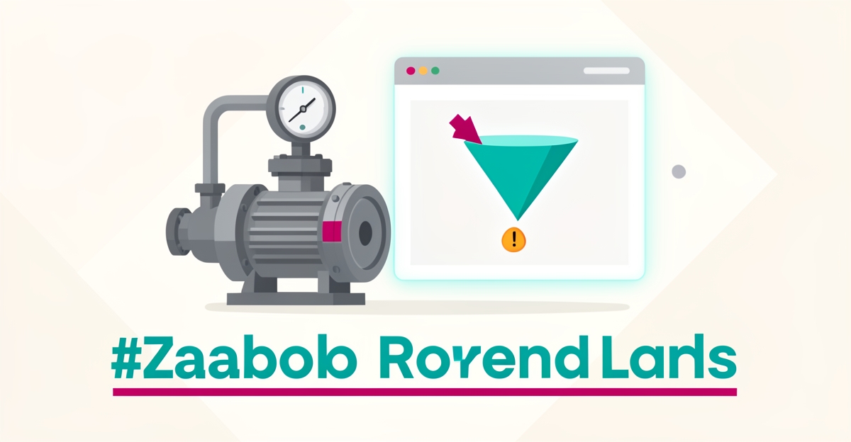 Flat illustration of an industrial pump beside a website funnel losing leads, with teal and magenta accents and headline '5 Silent Lead Killers'.