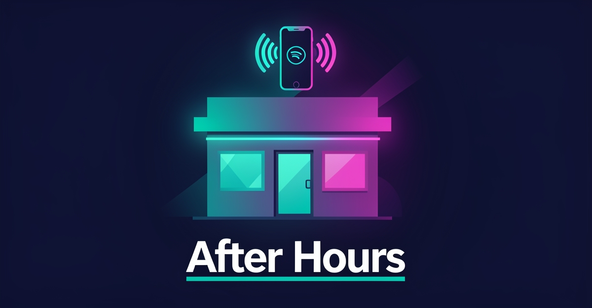 Flat illustration of a QSR storefront at night with a glowing phone and sound waves in teal and magenta, symbolizing AI handling after-hours calls.