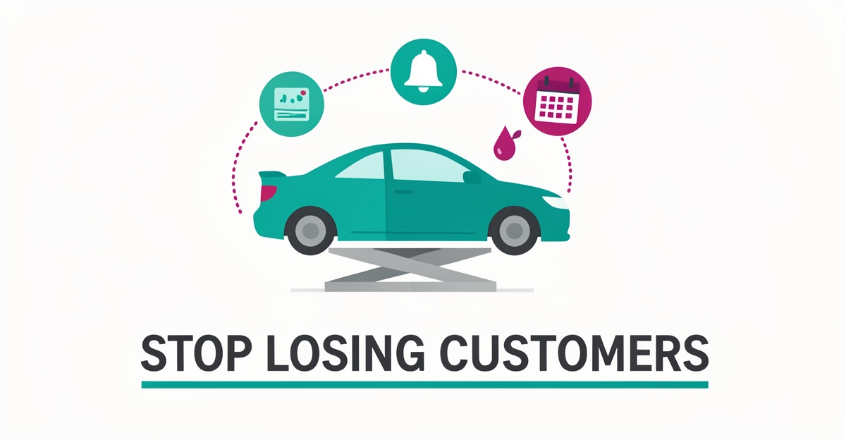 Flat illustration of a car in a quick lube bay surrounded by reminder and notification icons, symbolizing automated customer follow-up systems.