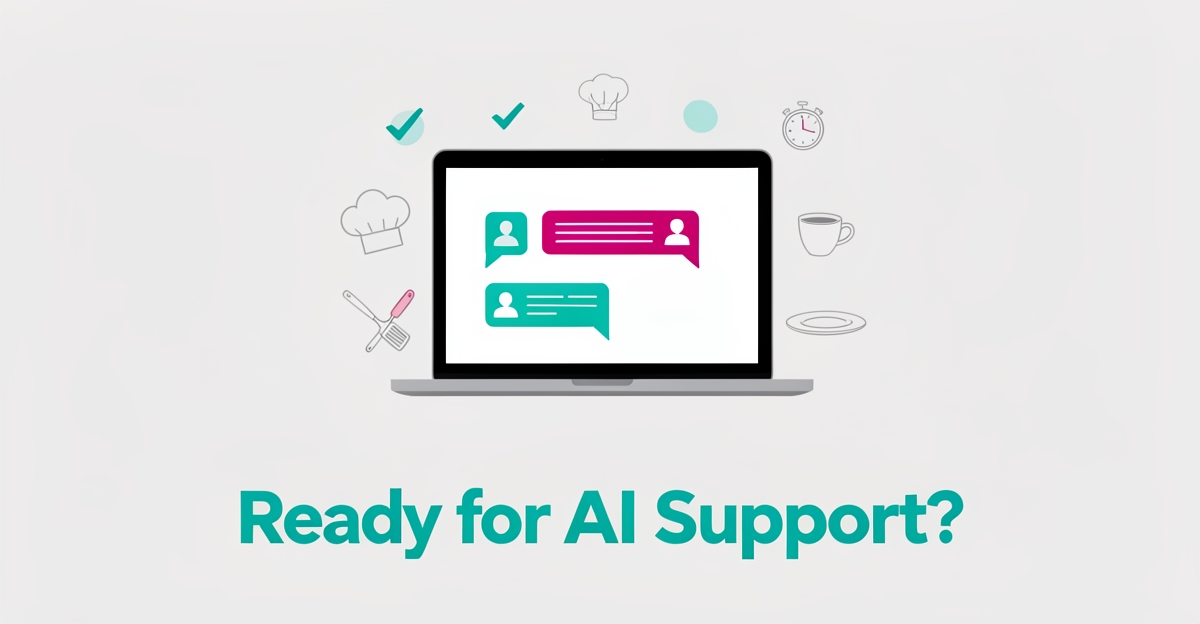 Flat illustration of a restaurant supply website with AI chatbot interface, surrounded by minimalist restaurant supply icons in teal and magenta accents.