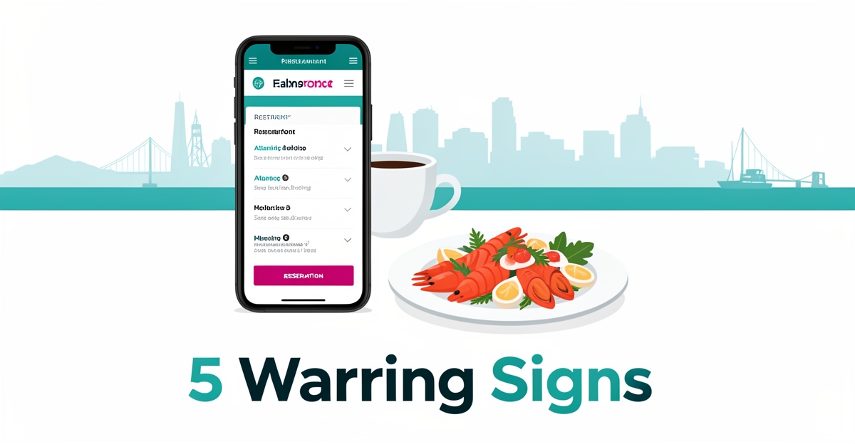 Flat illustration of a smartphone showing a restaurant website beside a plated seafood dish with Halifax skyline and headline 5 Warning Signs.