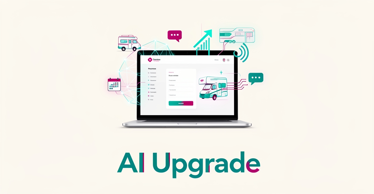 Flat illustration of a laptop showing an RV rental website with AI network lines, icons of a camper van and chat bubble, headlined 'AI Upgrade'.