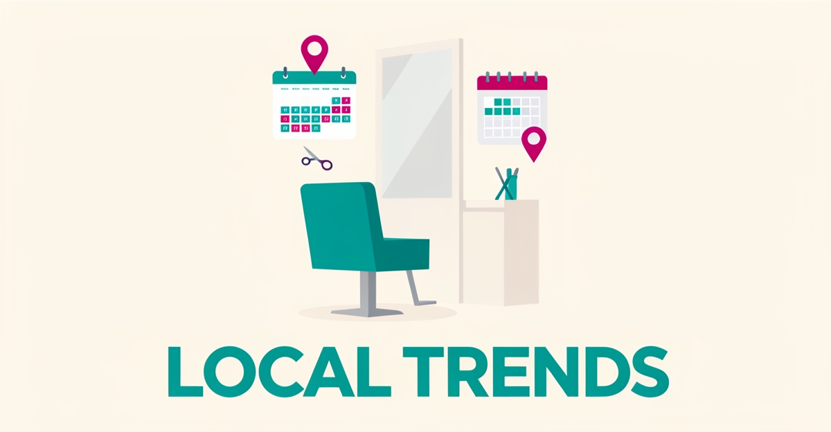 Flat illustration of a salon chair with calendar and location pin icons in teal and magenta, headline reading Local Trends.