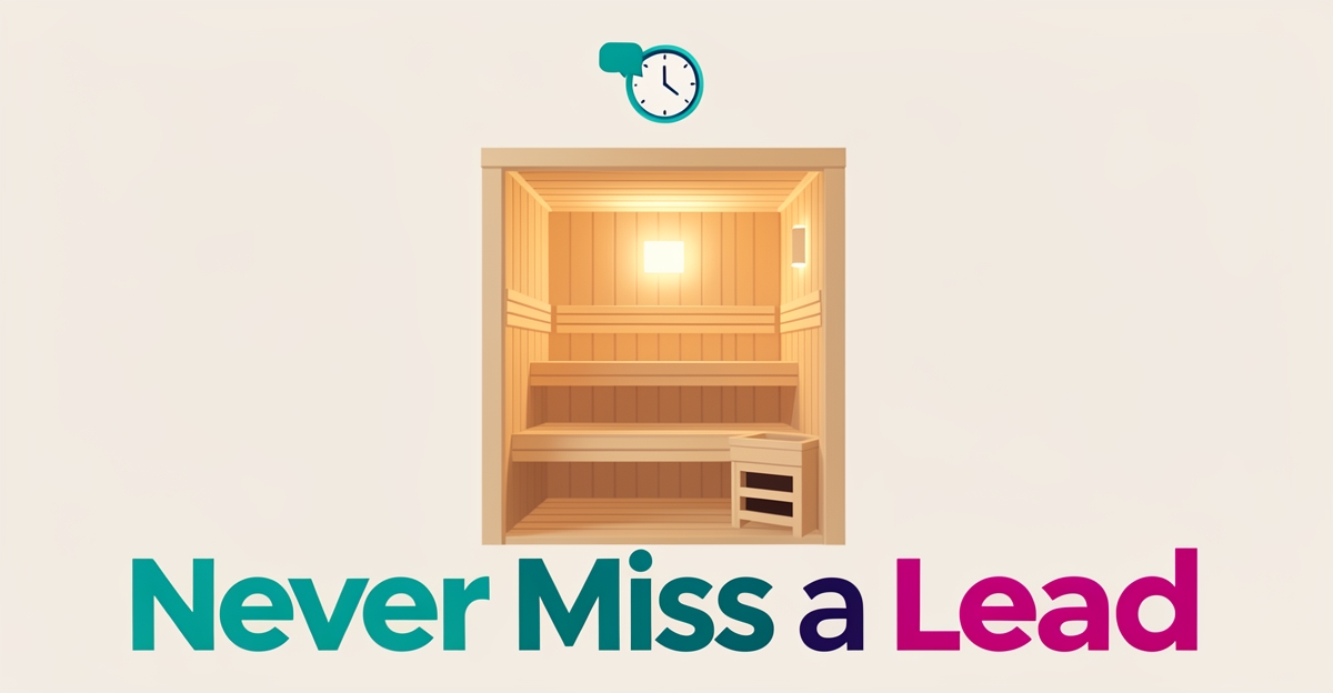Flat illustration of a glowing sauna with chat bubble icons and the headline Never Miss a Lead, symbolizing AI assistants capturing customer inquiries.