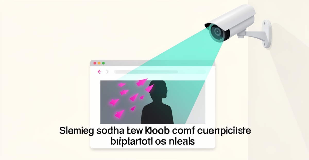 Flat illustration of a security camera overlooking a website with leads leaking away, accented in teal and magenta.