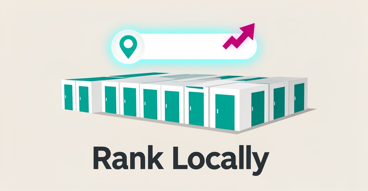 Flat illustration of a self-storage facility with a search bar and location pin symbolizing local SEO visibility.