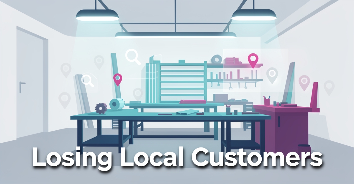 A minimalist flat illustration of a sheet metal workshop with fading digital search symbols, representing lost local customer visibility, with the headline 'Losing Local Customers' in the lower third.