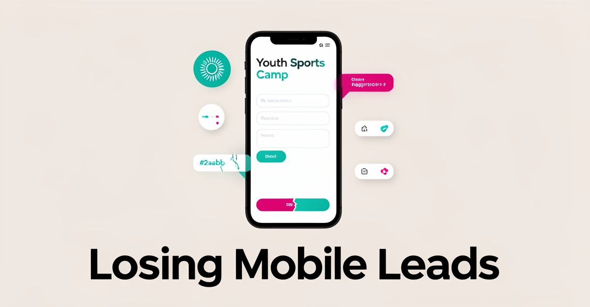 Flat illustration of a smartphone showing a sports camp website with mobile UX flaws like slow loading and clunky forms, accented in teal and magenta.