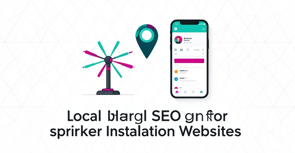 Flat illustration of sprinkler system and map pin highlighting local SEO gaps causing customer loss for sprinkler websites.