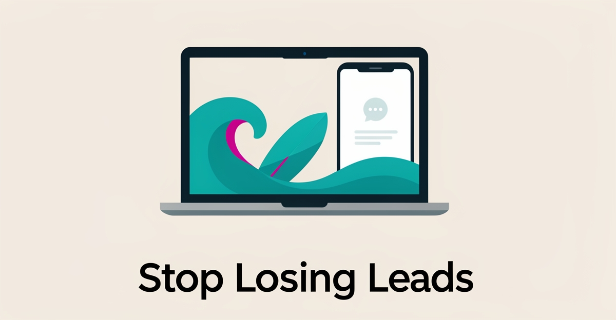 Flat illustration of surfboard, waves and a device showing missed leads, highlighting slow follow-up for surf shop websites.