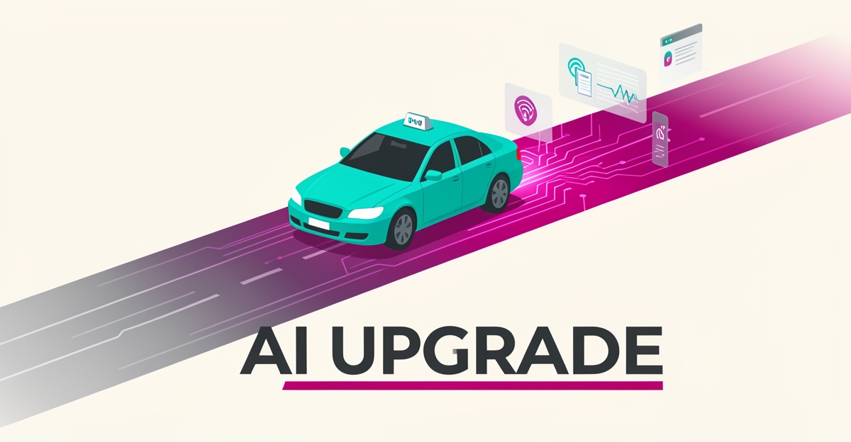 Flat illustration of a teal taxi transitioning from a plain road to a glowing AI-powered path with magenta accents and the headline AI Upgrade.
