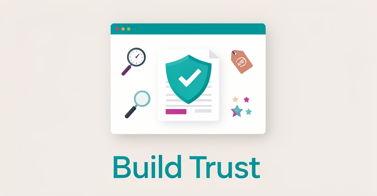 Flat illustration of a website window with a trust shield and real estate document, accented in teal and magenta.