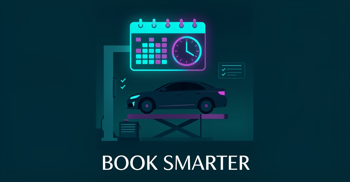 Flat illustration of a car in a transmission shop bay with a glowing after-hours booking calendar, accented in teal and magenta.