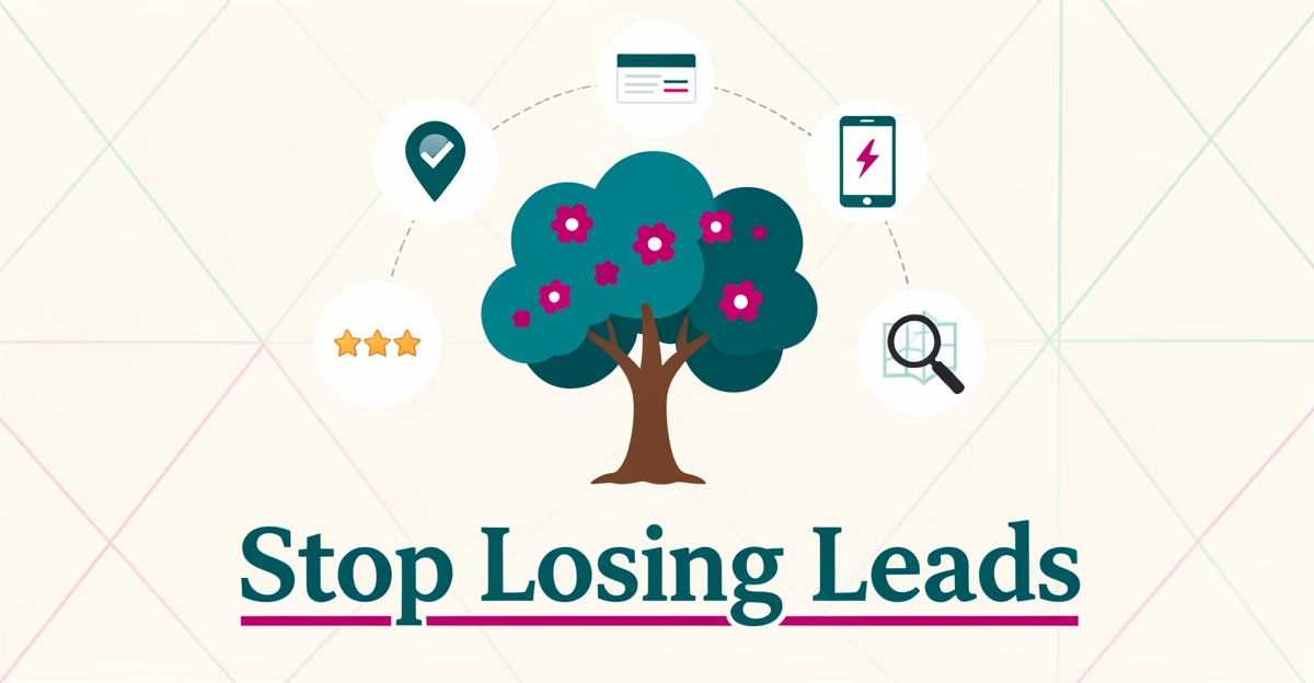 Flat illustration of a tree with five local SEO icons and headline Stop Losing Leads in teal and magenta.